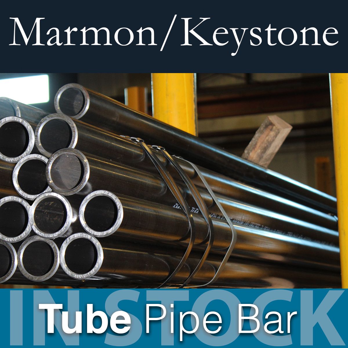 1732027289530 Marmon Keystone A stack of metal tubes is shown in a warehouse setting with the text “Marmon/Keystone Tube Pipe Bar IN STOCK,” highlighting our role as a leading supplychain distributor in metals.
