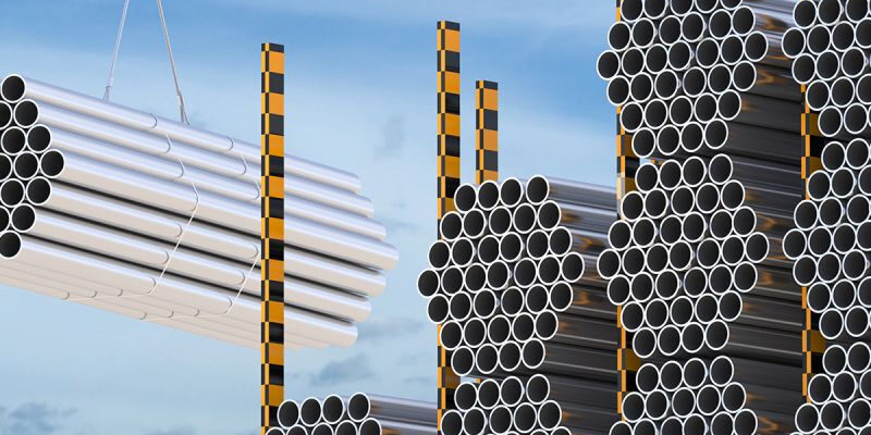 post-1-1 Marmon Keystone Stacks of metal tubes and pipes are shown; one bundle is being lifted by a crane. The text reads "Marmon/Keystone," "Tube Pipe Bar," "In Stock," emphasizing their role as a reliable tube pipe bar distributor in the metals supplychain.