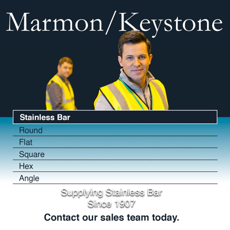 post-1-11 Marmon Keystone Two men in yellow safety vests stand before a Marmon/Keystone sign. A chart lists stainless bar shapes, with text below promoting stainless bar and tube supply. Contact the sales team to connect with a trusted metals distributor.