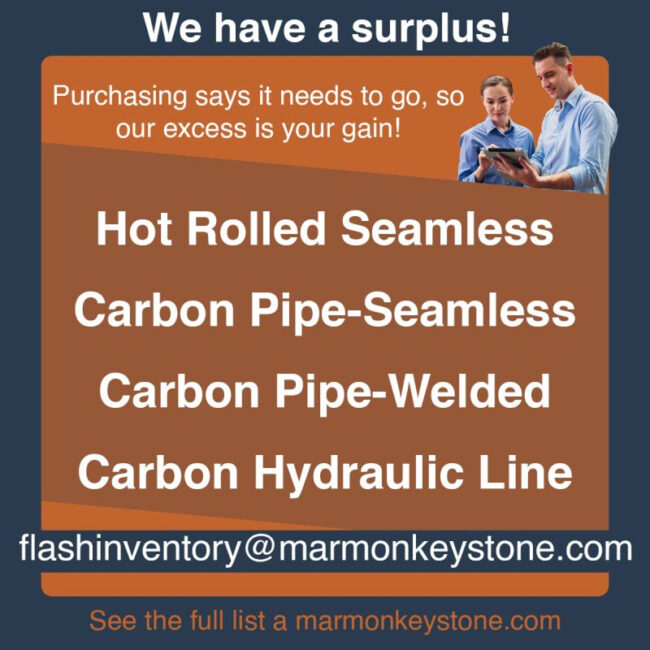 post-1-3 Marmon Keystone A promotional graphic highlights a surplus of inventory, featuring hot rolled seamless tube and carbon pipe. Two people review a clipboard at the top right. Contact email and website are shown for your supplychain metals distributor needs.