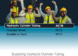 Marmon Keystone Five workers in safety vests and helmets stand before industrial equipment, raising their fists and smiling. Text below lists hydraulic cylinder tube and bar specifications and contact info for Marmon/Keystone, your trusted metals distributor.
