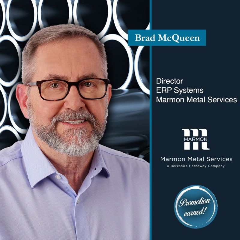 post-1-9 Marmon Keystone A man with glasses and a beard is smiling in front of a metallic, circular patterned background. Text reads: "Brad McQueen, Director ERP Systems, Marmon Metal Servicesâleading metals supply chain. Promotion earned! Marmon Metal Services logo included.