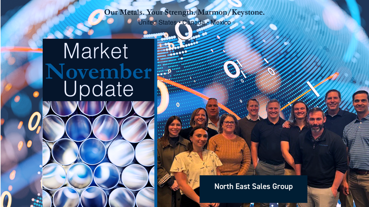 Marmon Keystone A group of twelve people pose for a photo in front of a digital background with binary code and circles. Text reads "Market November Update," "Our Metals. Your Strength. Marmon/Keystone," and "North East Sales Group.